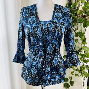 Kim Rogers Signature Black & Blue Satin Floral Peplum Top w/ Bell Sleeves - Med